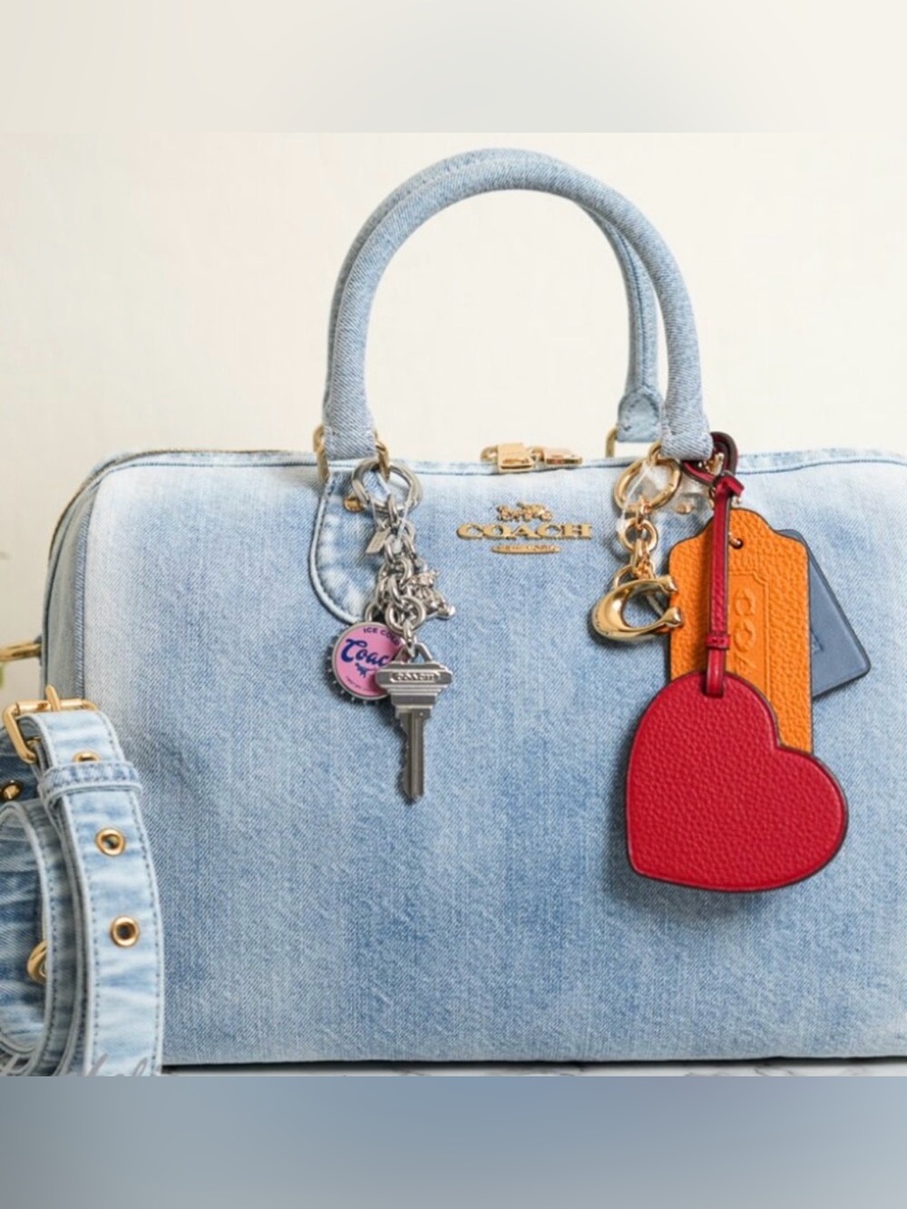 Coach Light Blue Denim Satchel with Red Heart Charm - Picture 2 of 3